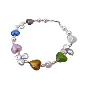 Handmade Womens Colorful Heart Beads & Pearl Statement Necklace